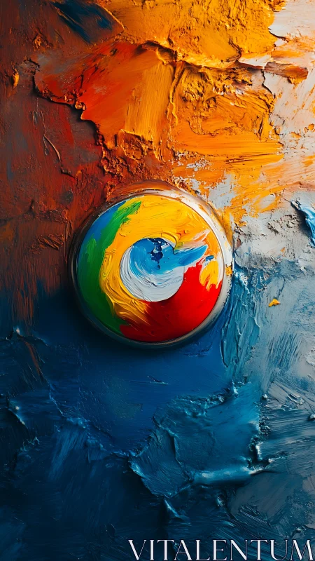 Chromatic vortex emblem in dense impasto oil strata.