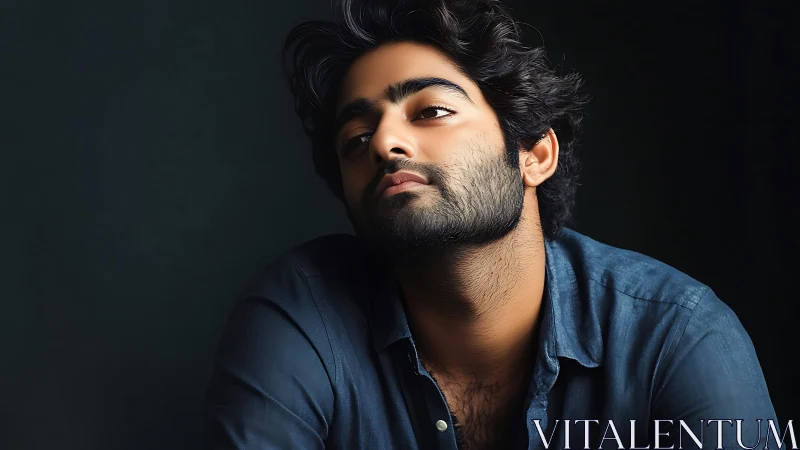 Young bearded man in blue shirt against dark background.