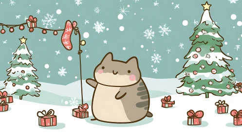 Cute cartoon cat celebrates Christmas among snowy trees