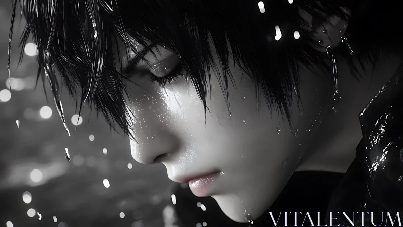 Wet-haired youth rendered in close-up digital profile