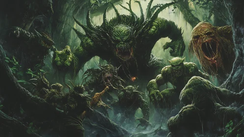 Grotesque forest monsters surge from the twisted jungle depths.