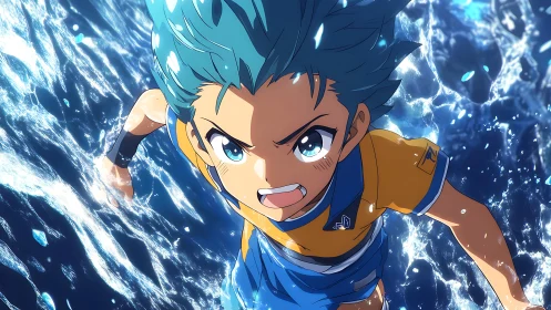 Dynamic anime athlete charging through crystalline water field.