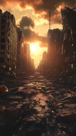 Sunset blazes through a ruined post-apocalyptic city street.