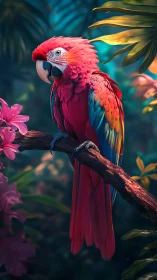 Scarlet macaw on branch rendered in vivid digital chiaroscuro