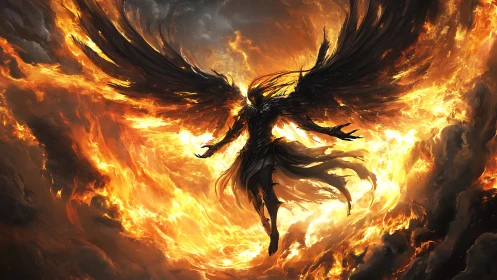 Infernal winged entity emerging from turbulent firestorm vortex