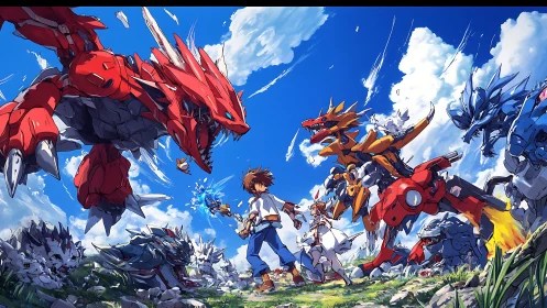 Boy and girl facing robotic dragons in bright sky battle