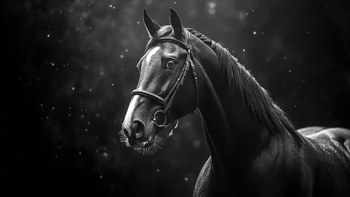Horse in bridle is shown in high-contrast monochrome light