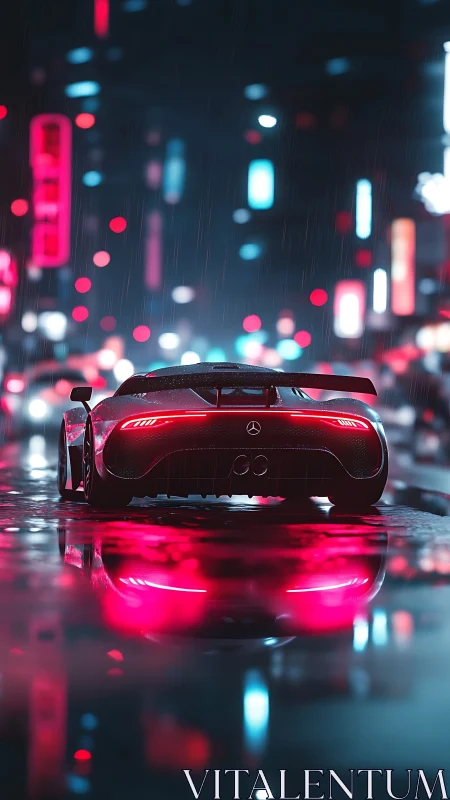 Futuristic sports car on wet neon city street at night.