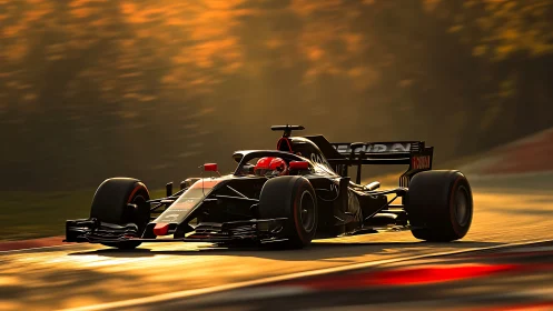 Formula race car moves through sunlit circuit corner