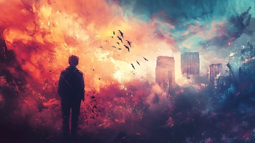 Lone dreamer watches a burning city fade into bright clouds