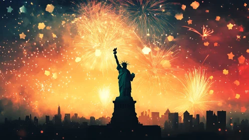 Statue of Liberty silhouette against dense city fireworks.