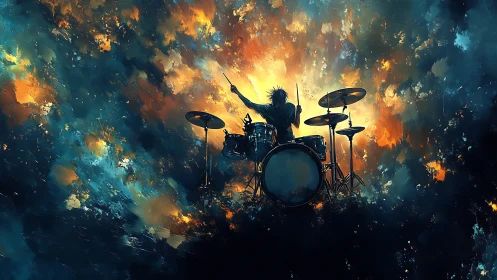 Silhouetted drummer ignites a cosmic storm of color and sound