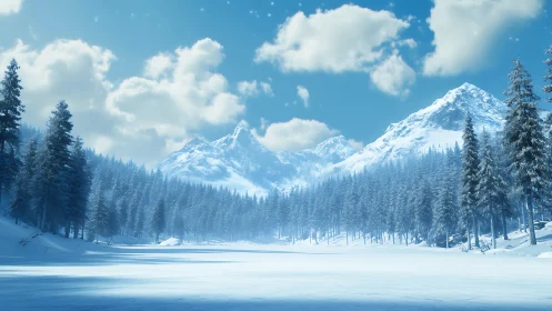Snow-covered alpine forest surrounds frozen mountain lake