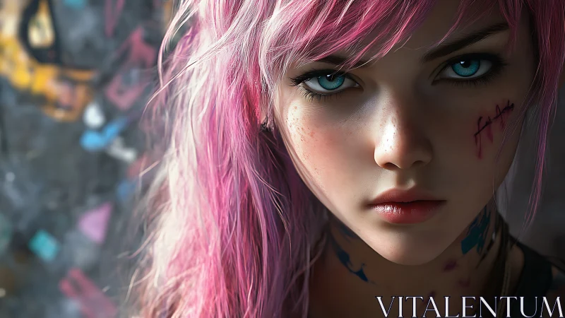 Neon‑haired rebel stares ahead with icy, defiant focus.