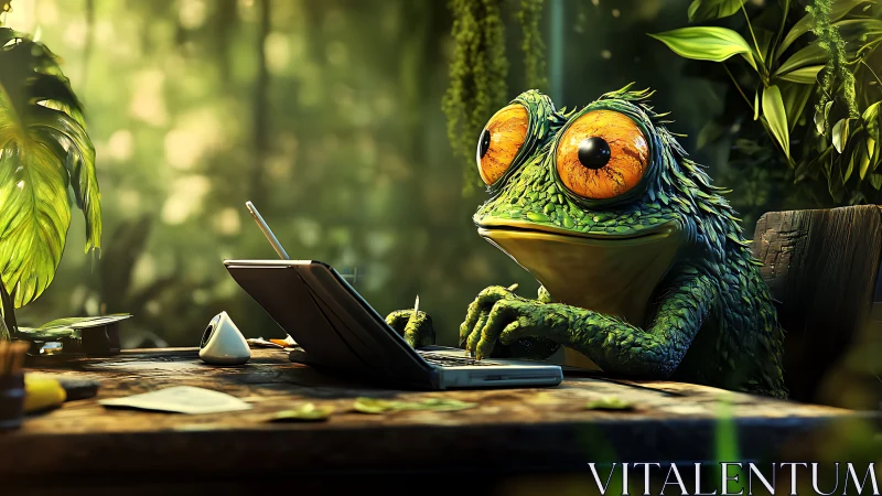Forest frog designer works at tablet in glowing green studio