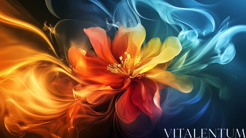 Vibrant digital flower with swirling fire and water colors.