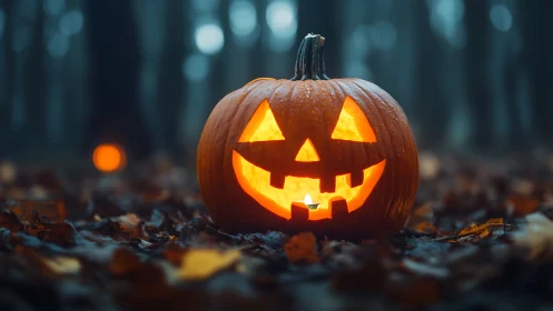 Glowing jack o lantern smiles warmly in a misty autumn forest