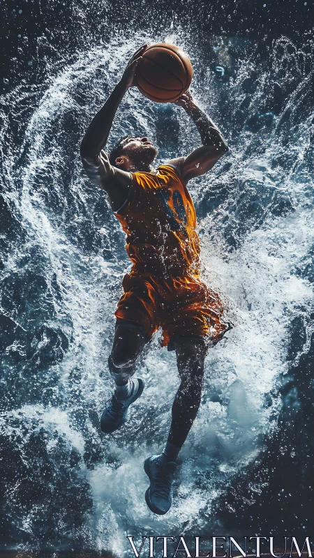 Basketball player surges through exploding water in midair