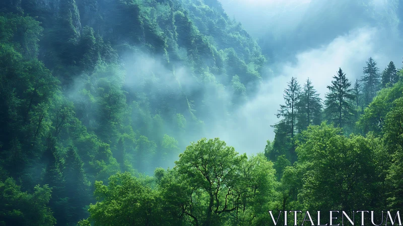 Misty Mountain Valley With Layered Forest Composition.