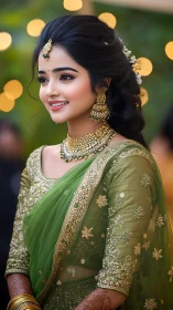 Smiling bride in green embroidered saree under warm bokeh lights