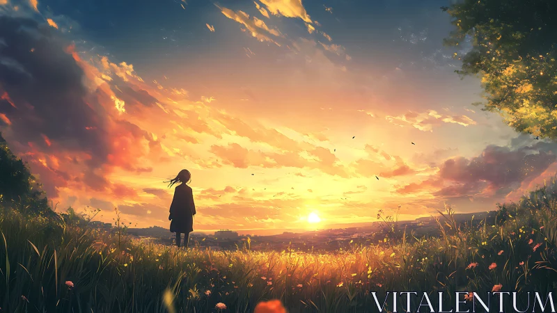 Solitary dreamer drinking in a wild watercolor sunset sky.