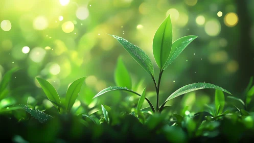 Fresh green seedling in sunlight with dewdrops, nature macro style.