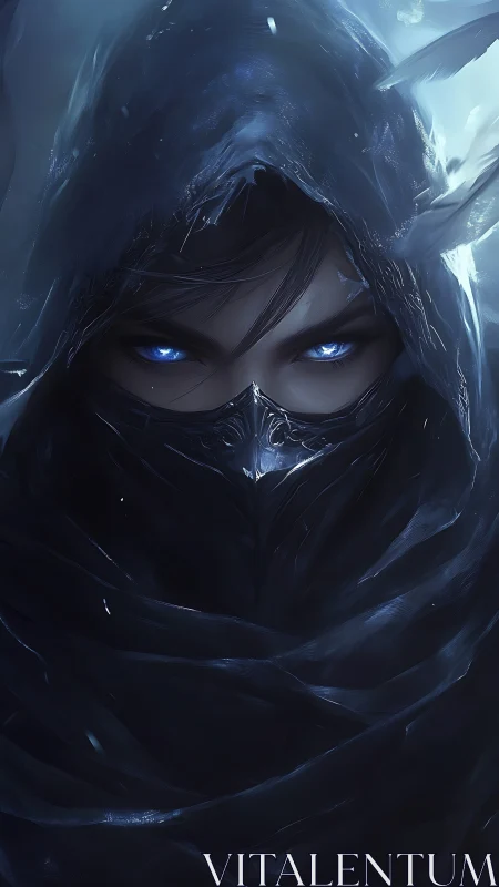 Hooded blue eyed rogue in dark fantasy portrait art.