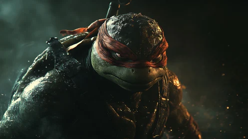 Battle-scarred turtle warrior stalks forward through neon mist