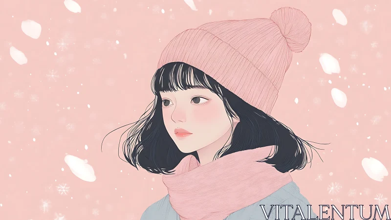 Girl in pink winter hat and scarf faces drifting snow softly