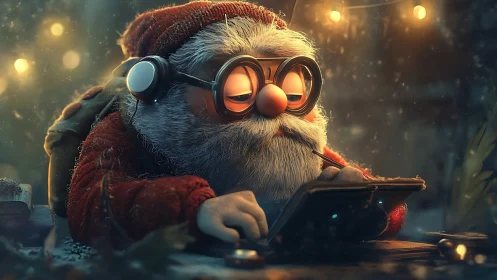 Elderly bearded figure with tablet under warm hanging lights.