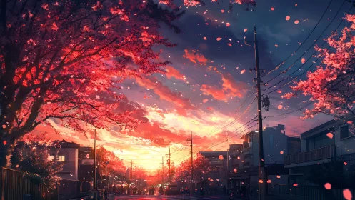 Soft cherry blossom evening glows over a quiet city street