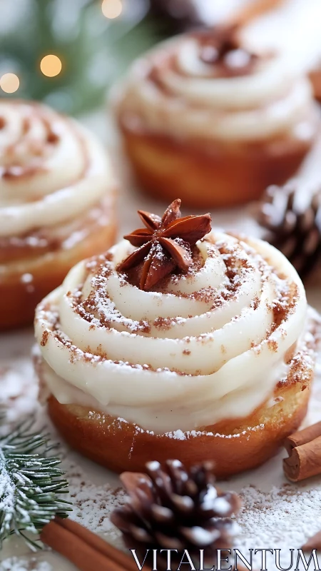 Iced cinnamon rolls with star anise holiday garnish.