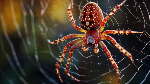 Spiny orb weaver grips dewlit web in golden bokeh light.
