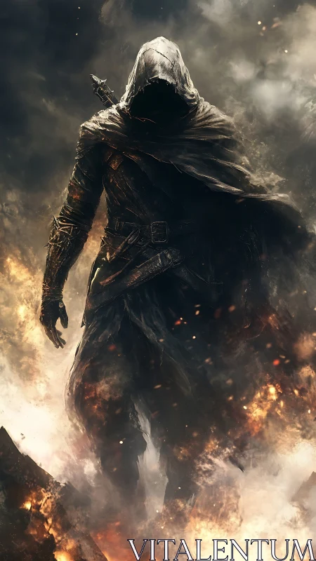 Hooded pyromantic wraith emerging through combustive fog field.