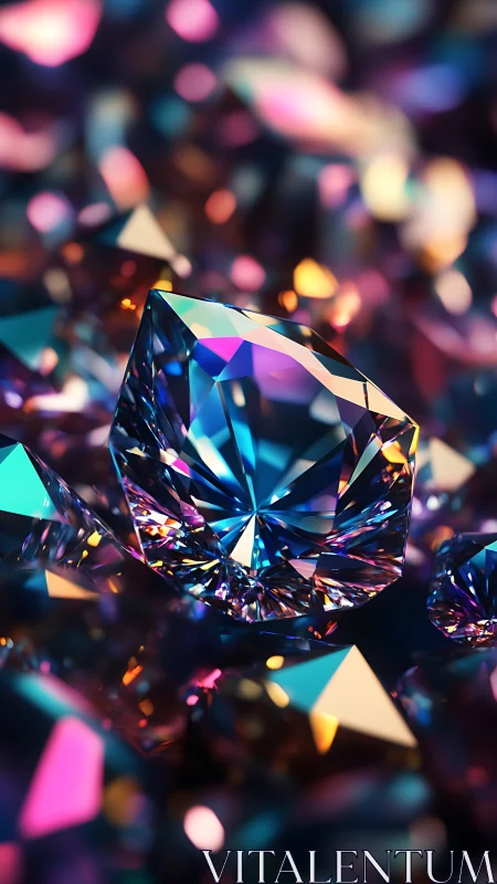 Prismatic gemstone cluster glows in neon dreamlike lightscape