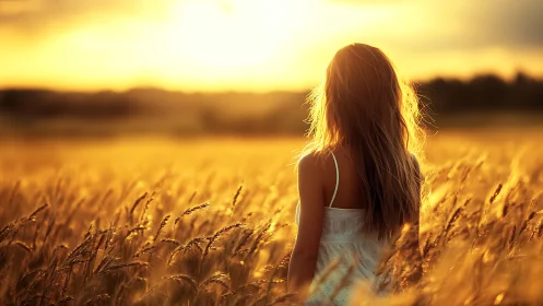 Woman stands in sunlit grain field under low evening light