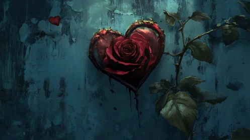 Red rose heart shape on distressed teal weathered wall background