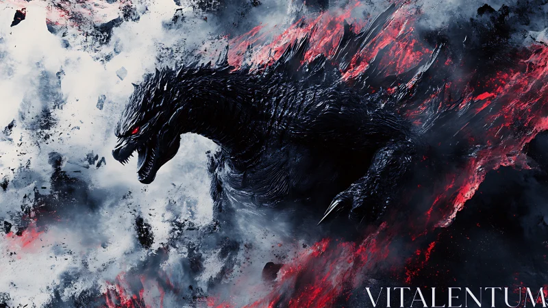 Monstrous kaiju silhouette in explosive crimson smoke.