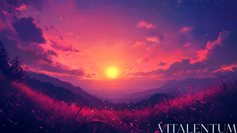 Sunset over layered hills and illuminated grassland plain.