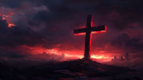 Solitary cross silhouette against red illuminated horizon.