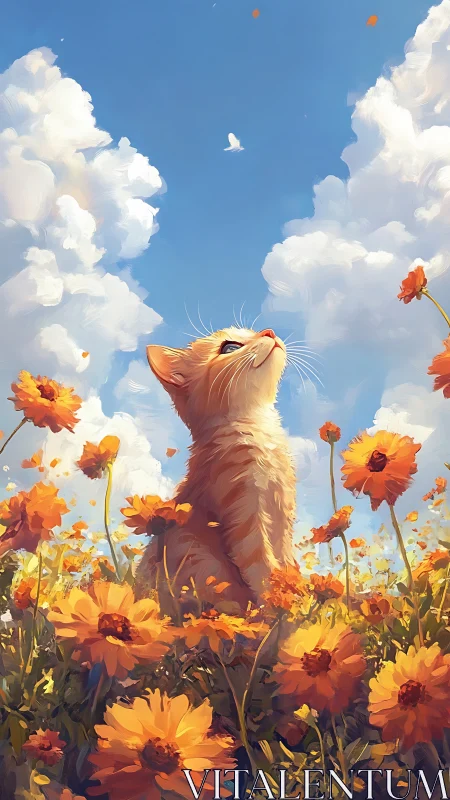 Ginger Cat Gazing Upward Through Sunflower Field Composition
