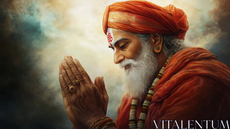 Digital portrait of Hindu sage in humble prayer pose.