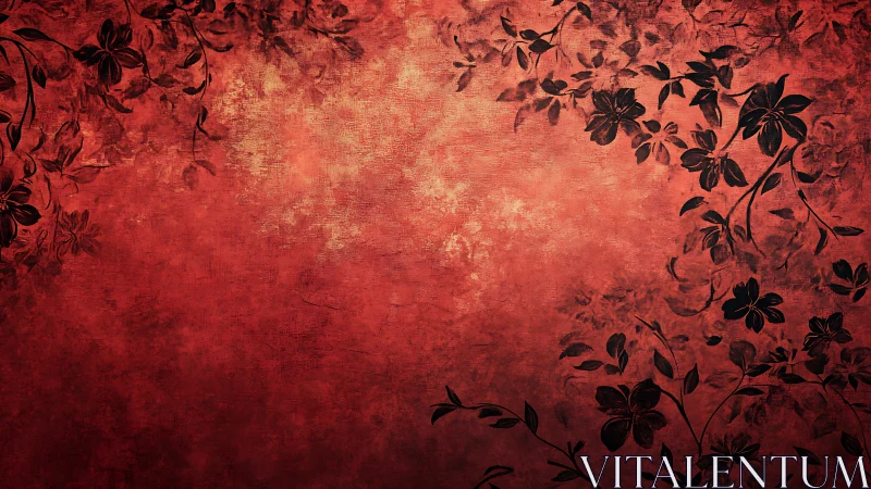 Crimson floral grunge canvas with dark ornamental vines.