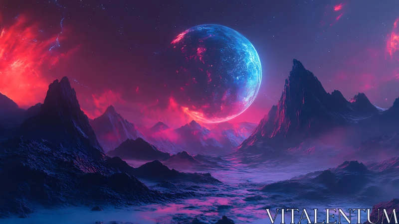 Alien ice planet rises over neon-lit volcanic mountain range