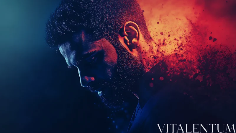 Brooding neon silhouette dissolving into cosmic embers.