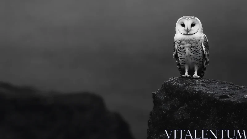Barn owl perched on dark rock in dramatic black and white style.