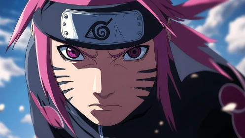 Pink haired ninja closeup with forehead protector emblem.