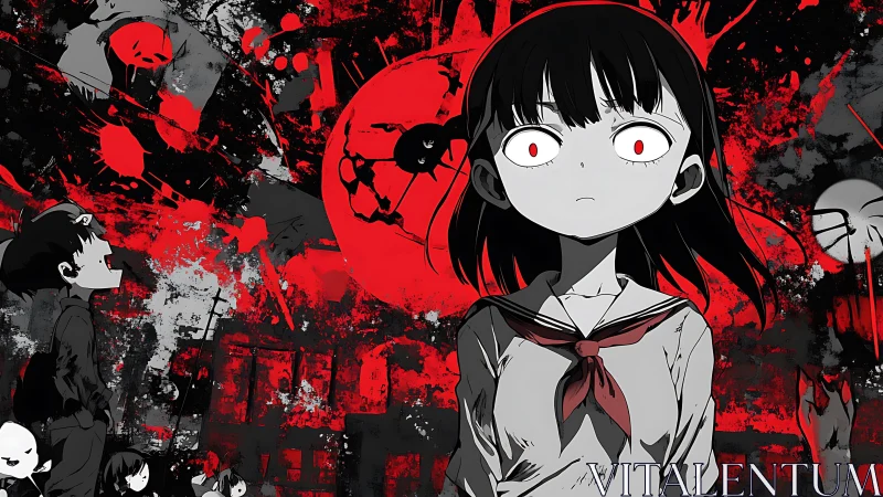 Quiet schoolgirl stands before a haunting red dreamscape.