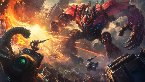 Colossal red combat mech attacks ruined sci fi city