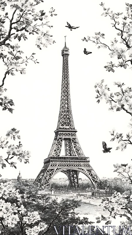 Spring blossoms and quiet Paris views around Eiffel Tower.